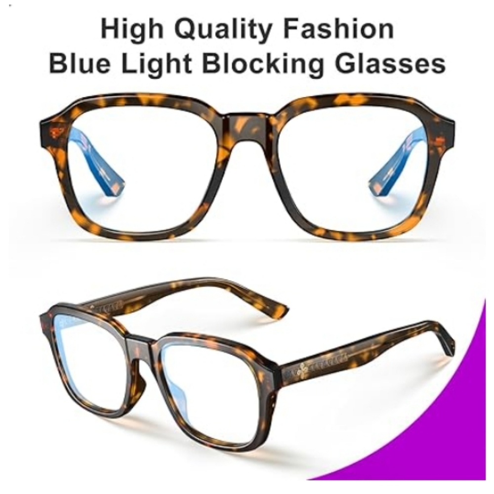 Oversized Square Blue Light Blocking Glasses Computer Tortoise Frame Eyeglasses - Picture 3 of 9